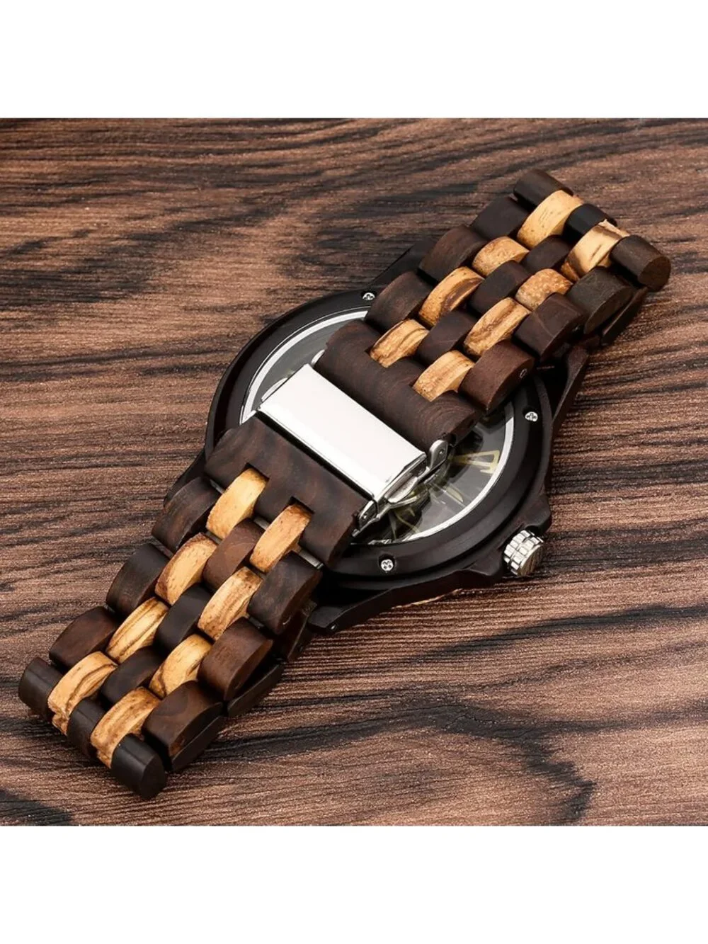 Mens Dark Brown Quartz Ebony Zebra Fold over Clasp Wood Strap Round Wooden Watch